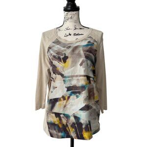 Cluny Womens Top Abstract Silk Front and Knit Cotton Back Beige Brown Size L